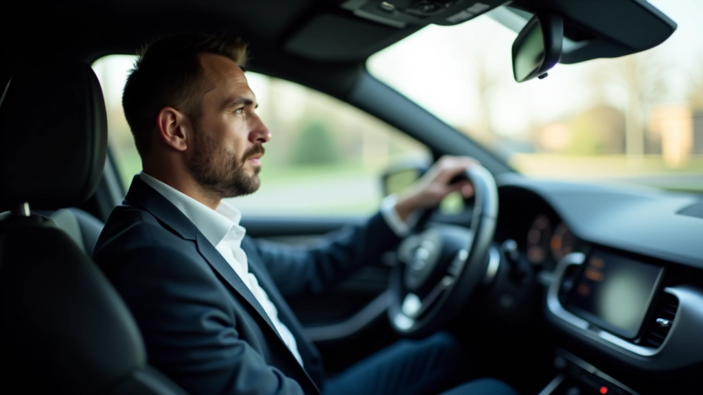 Professionaalne autojuht istub luksusauto roolis, tähelepanelik vaateid