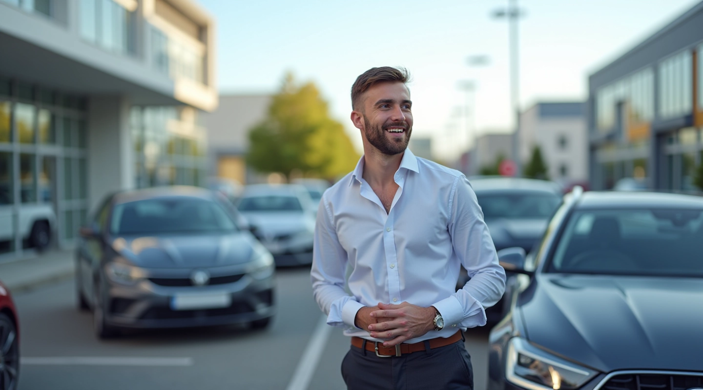 Sõltuvusteta autod parklas koos inimestega, kes vaatavad uusi mudeleid